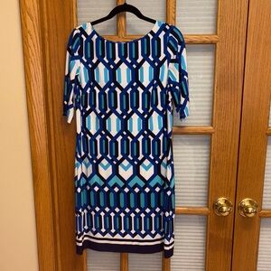 EUC Eliza J Blue and White Geometric Dress